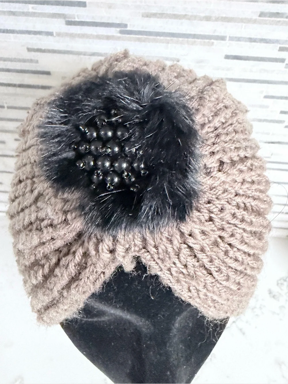 Knit Turban Headband with Black Fur Rosette - Taupe